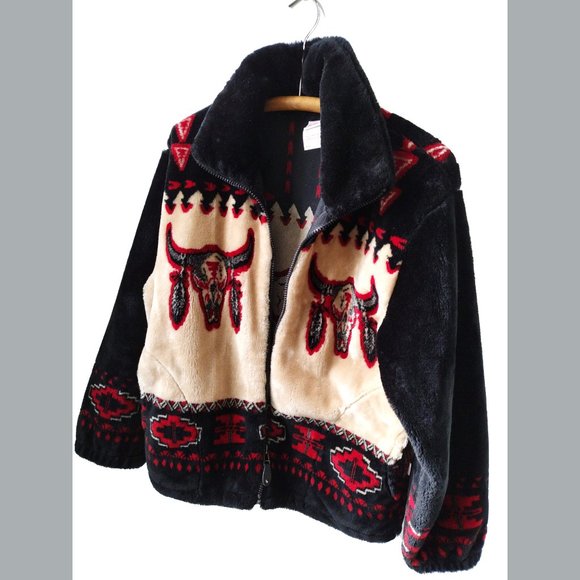 Sherpa Fleece Tribal Jacket Native American Faux Mouton Fur Zip Vintage Fleece - Picture 2 of 9